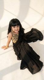 Regal Black & Antique Gold Girls’ Ruffled Saree Set