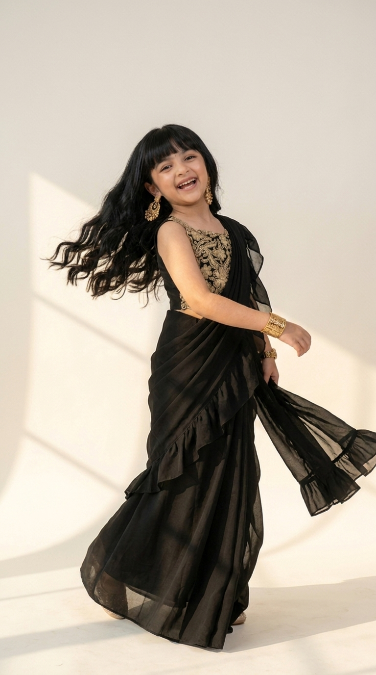 Regal Black & Antique Gold Girls’ Ruffled Saree Set
