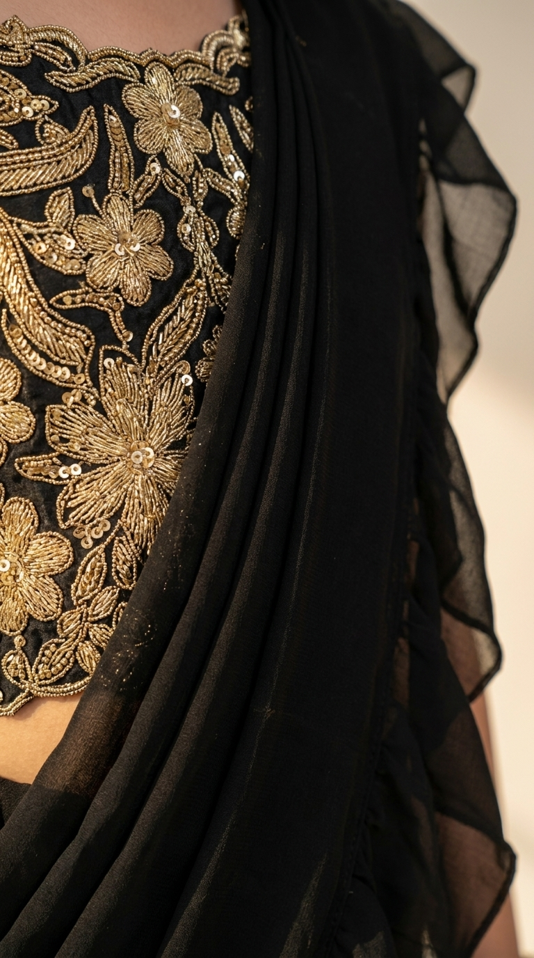 Regal Black & Antique Gold Girls’ Ruffled Saree Set