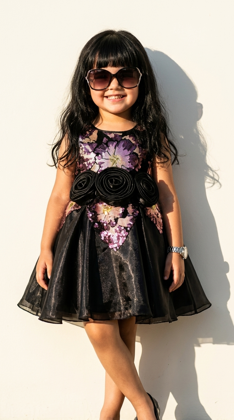 Midnight Bloom Sequin Bow Party Dress
