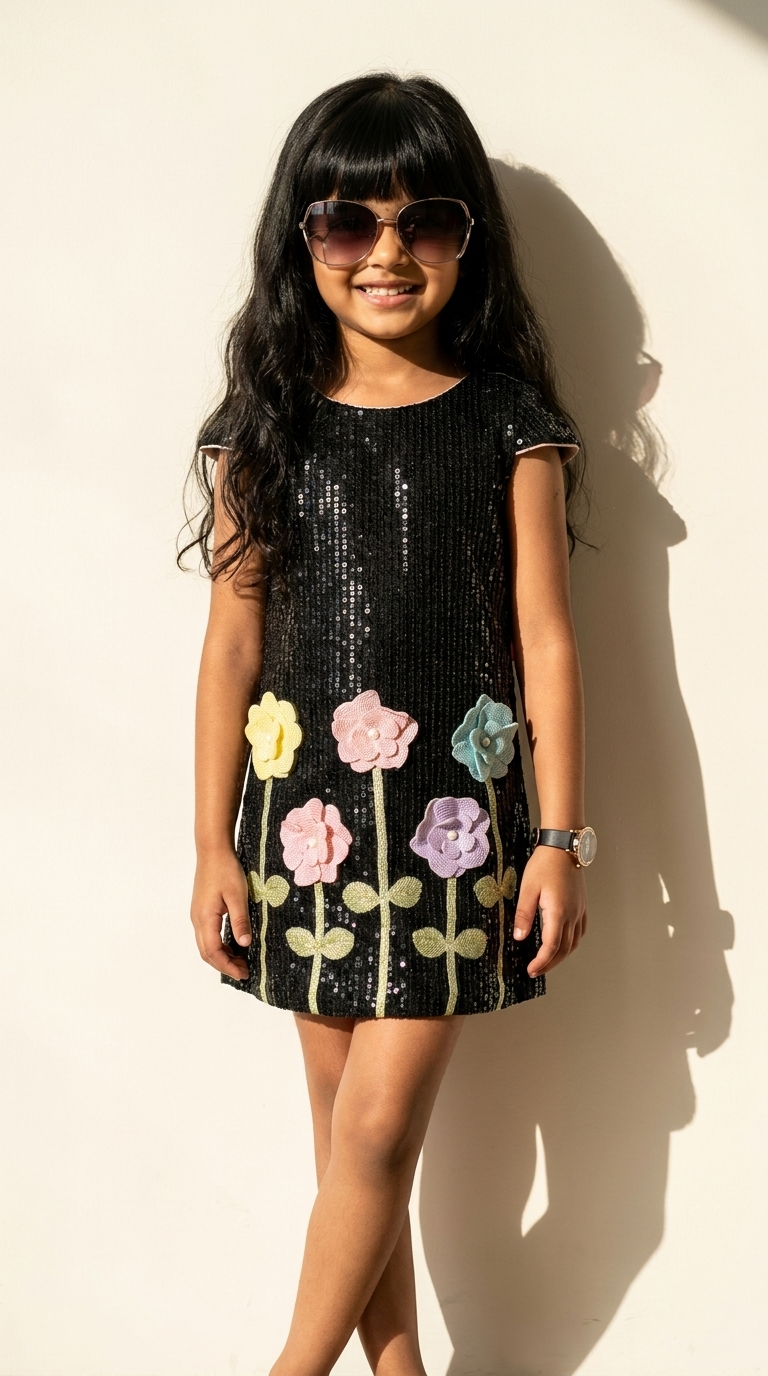 Midnight Bloom Girls’ Sequin Floral Dress