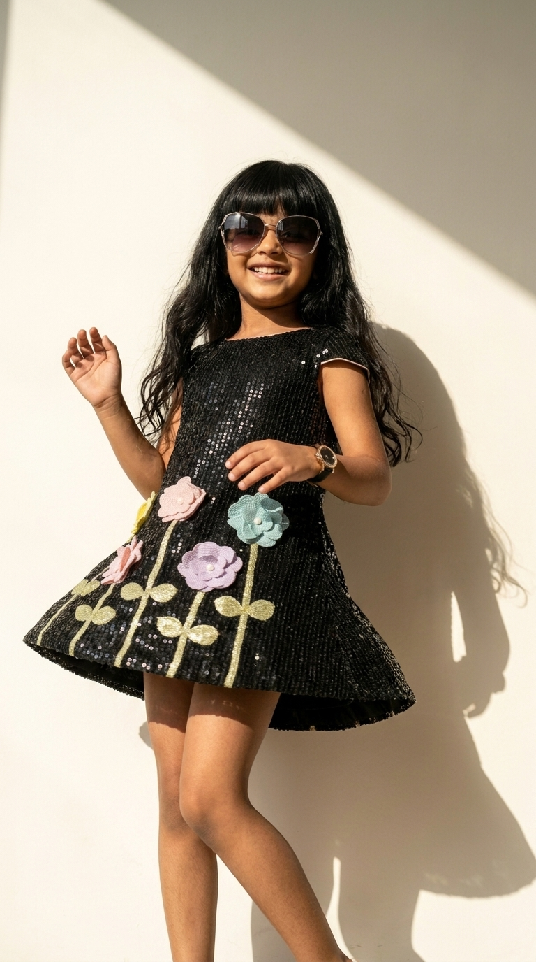 Midnight Bloom Girls’ Sequin Floral Dress