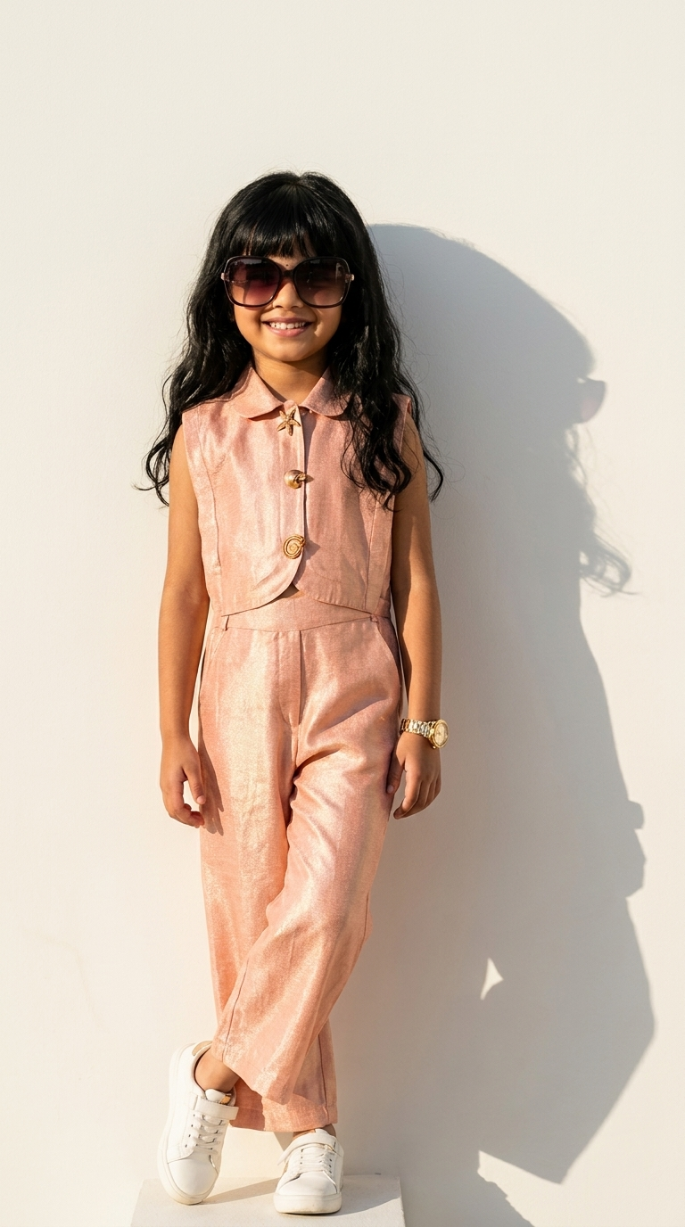 Blush Rose Satin Girls’ Tailored Jumpsuit Set