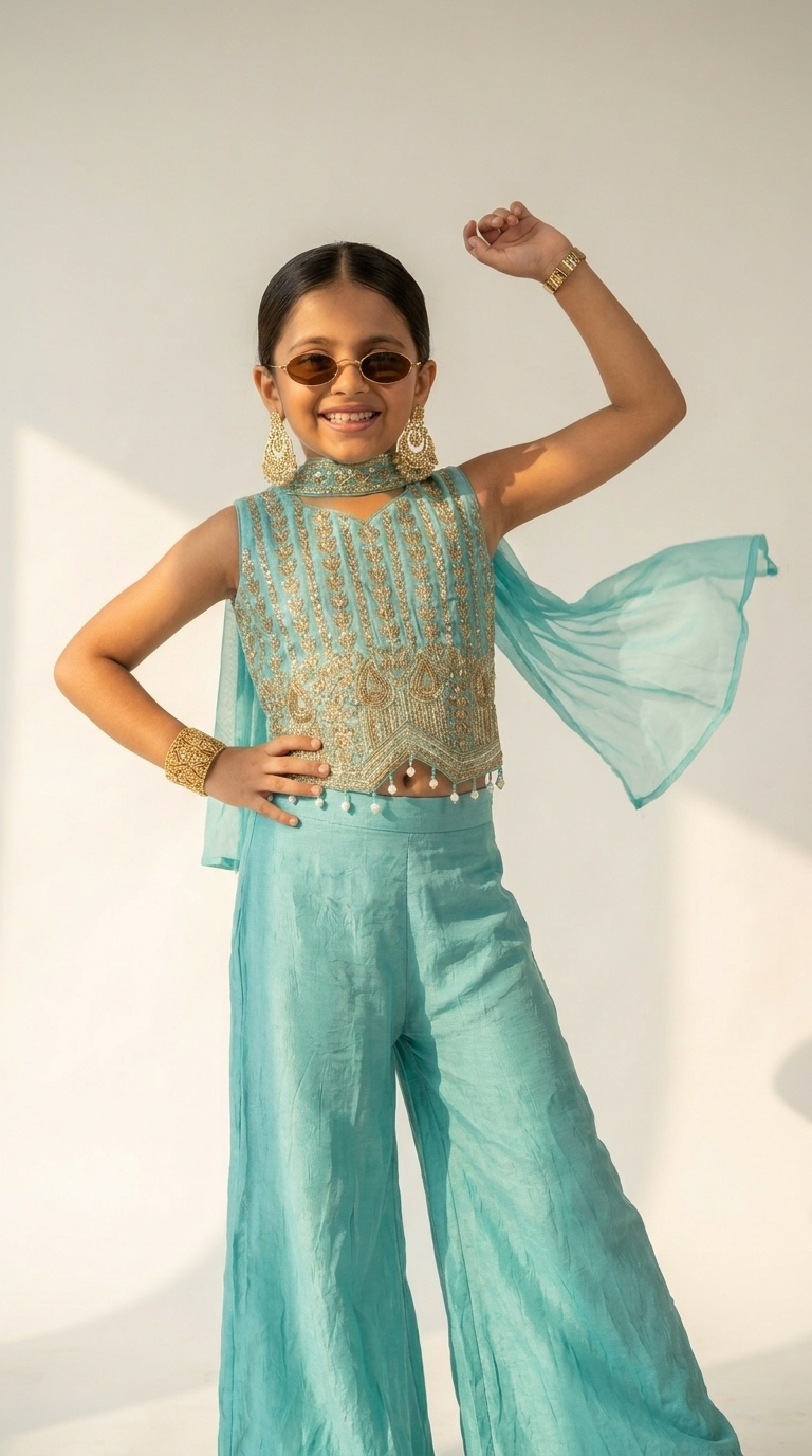 Turquoise Zari Handwork Plazo Set