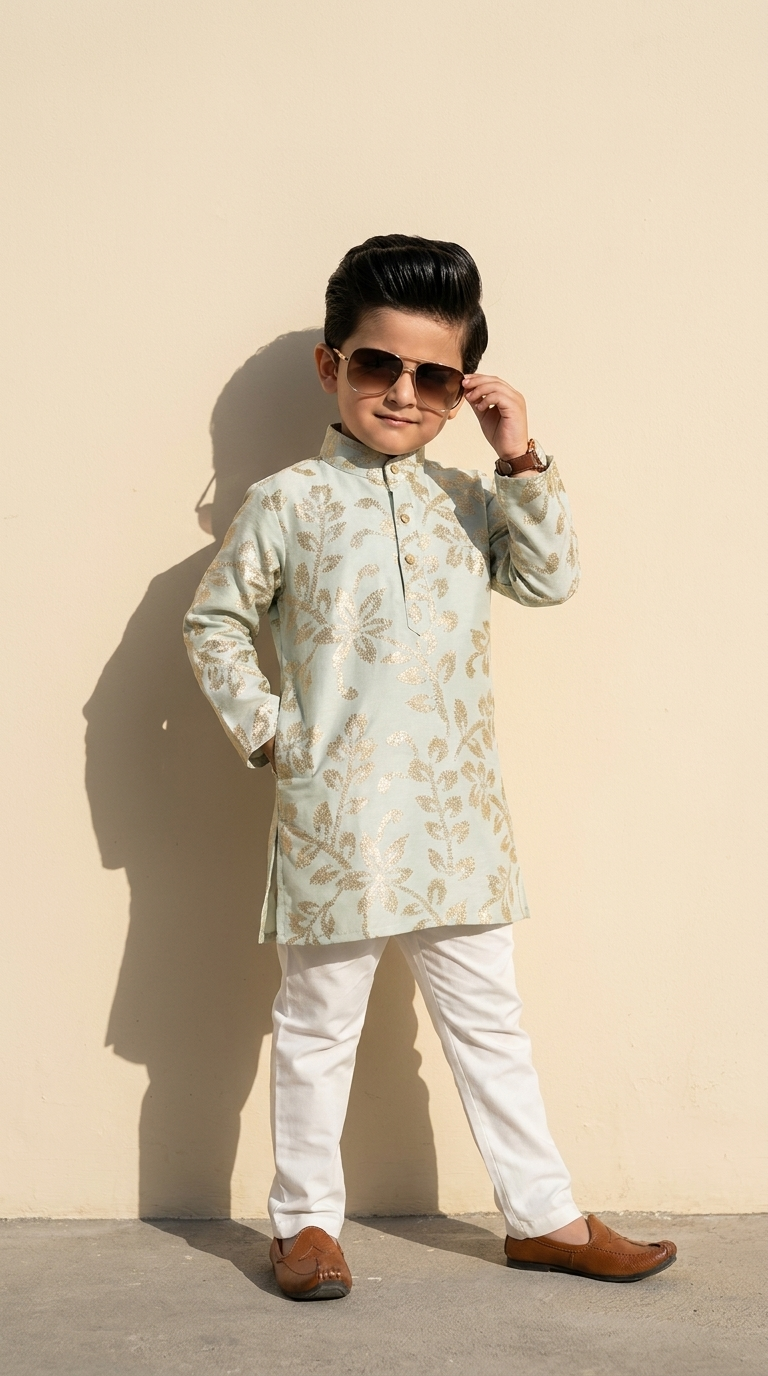 Ivory Mint Gold Floral Printed Boys’ Kurta Pajama Set