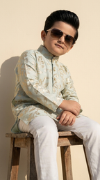 Ivory Mint Gold Floral Printed Boys’ Kurta Pajama Set