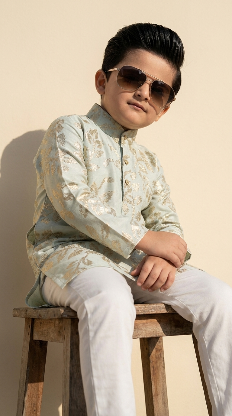 Ivory Mint Gold Floral Printed Boys’ Kurta Pajama Set