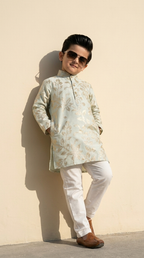 Ivory Mint Gold Floral Printed Boys’ Kurta Pajama Set