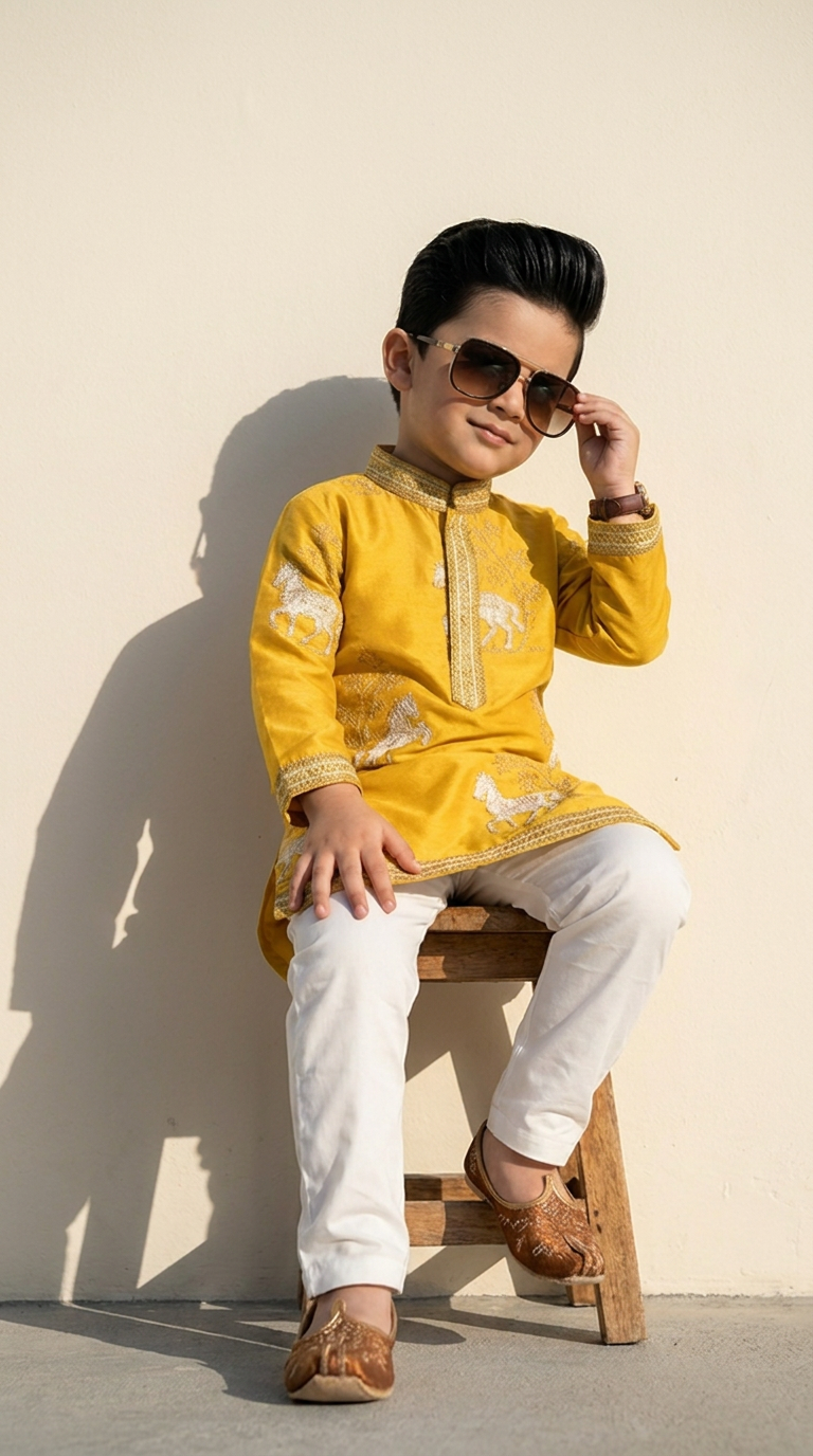 Royal Mustard Yellow Embroidered Boys’ Kurta Pajama Set