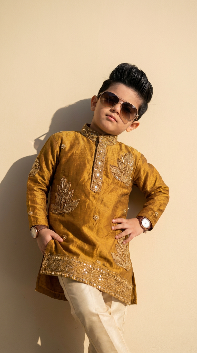 Royal Mustard Gold Embroidered Boys’ Kurta Pajama Set