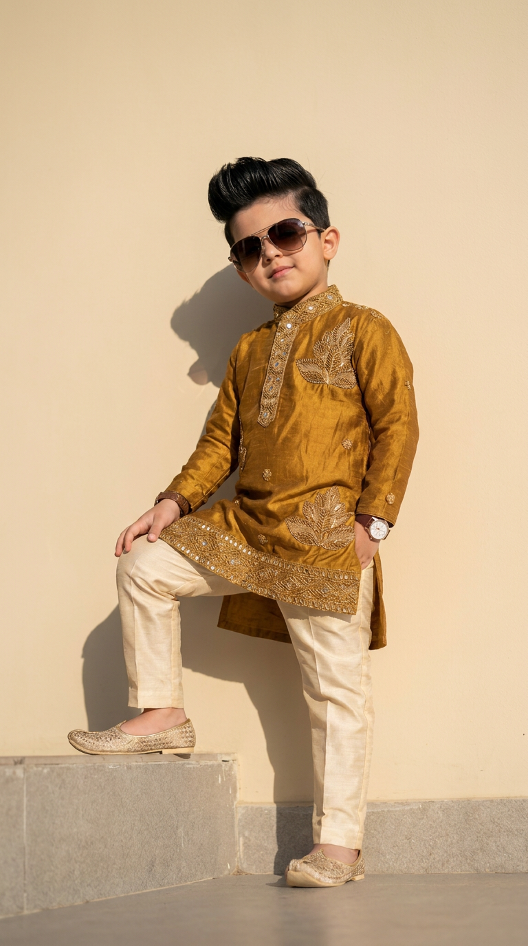Royal Mustard Gold Embroidered Boys’ Kurta Pajama Set