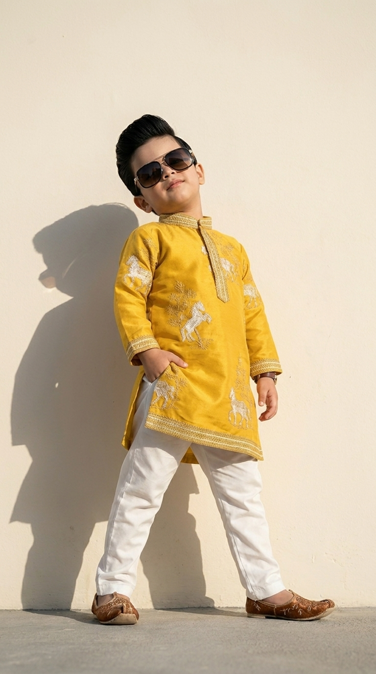 Royal Mustard Yellow Embroidered Boys’ Kurta Pajama Set