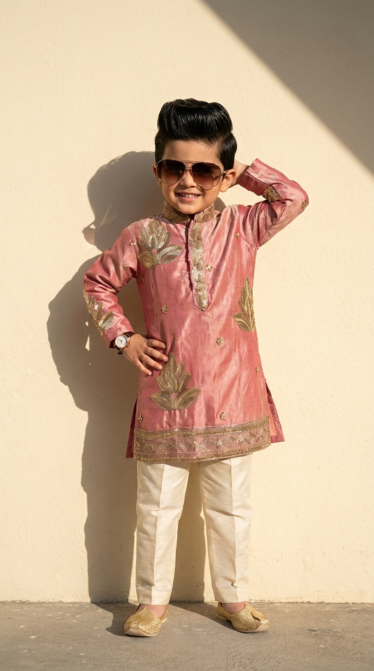 Blush Pink & Gold Embroidered Boys’ Kurta Pajama Set