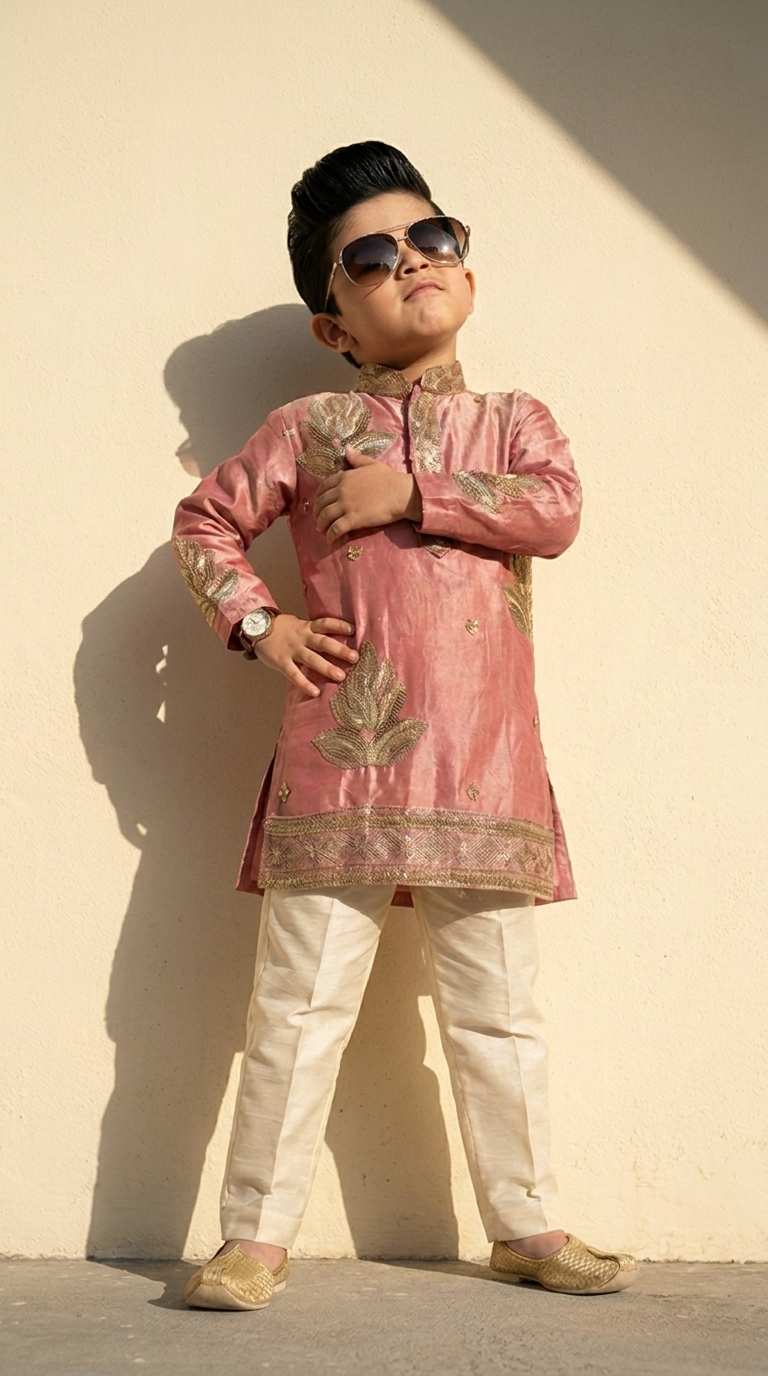 Blush Pink & Gold Embroidered Boys’ Kurta Pajama Set