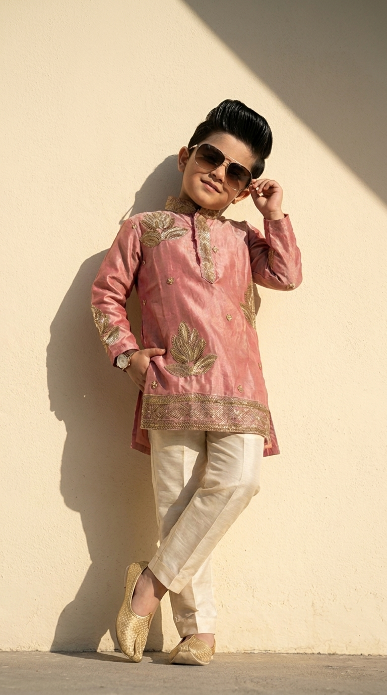 Blush Pink & Gold Embroidered Boys’ Kurta Pajama Set
