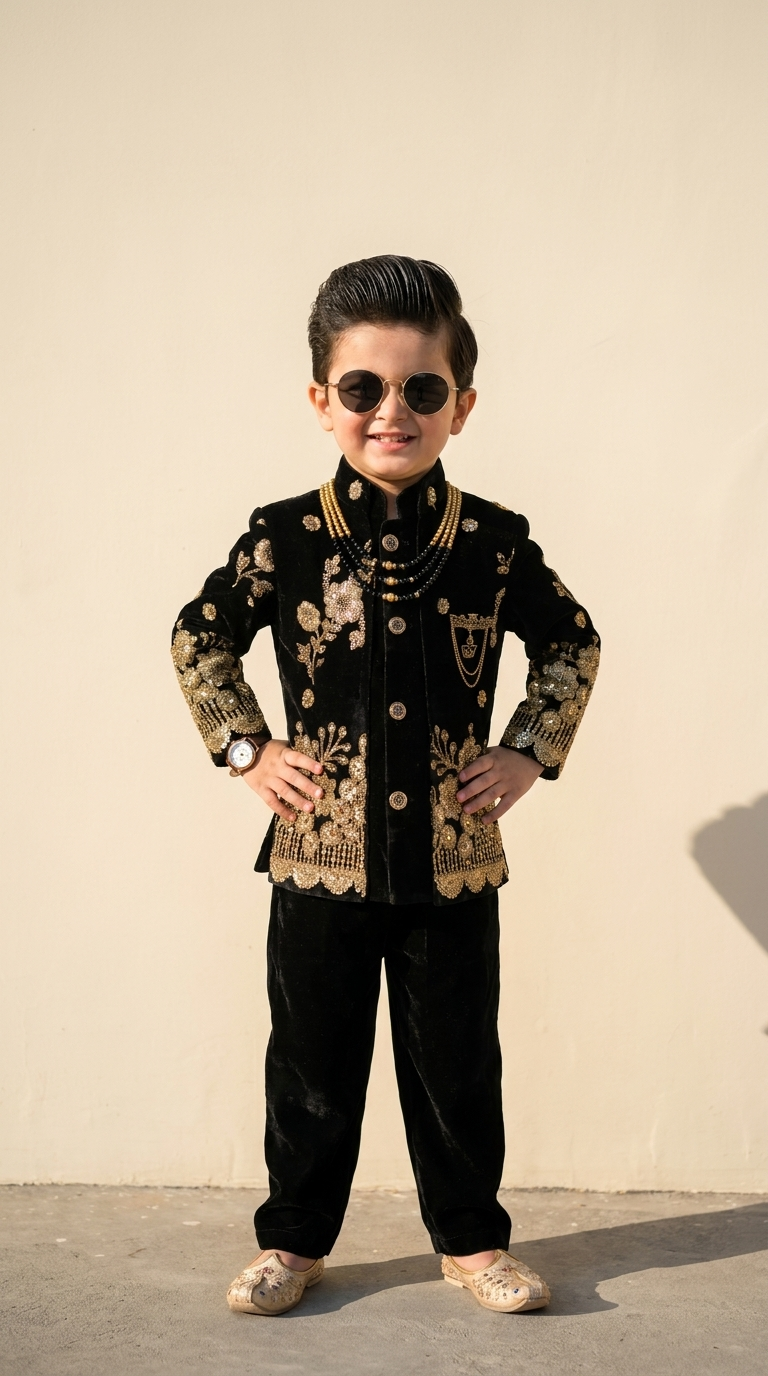 Royal Black & Gold Embroidered Velvet Boys’ Sherwani Set