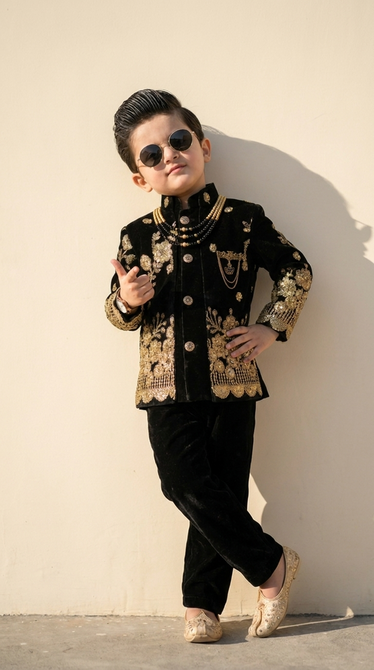 Royal Black & Gold Embroidered Velvet Boys’ Sherwani Set