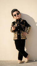 Royal Black & Gold Embroidered Velvet Boys’ Sherwani Set