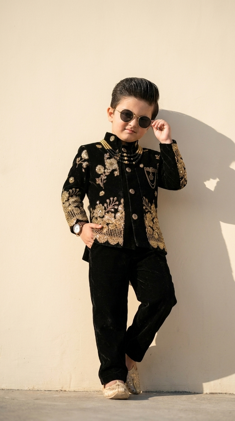 Royal Black & Gold Embroidered Velvet Boys’ Sherwani Set