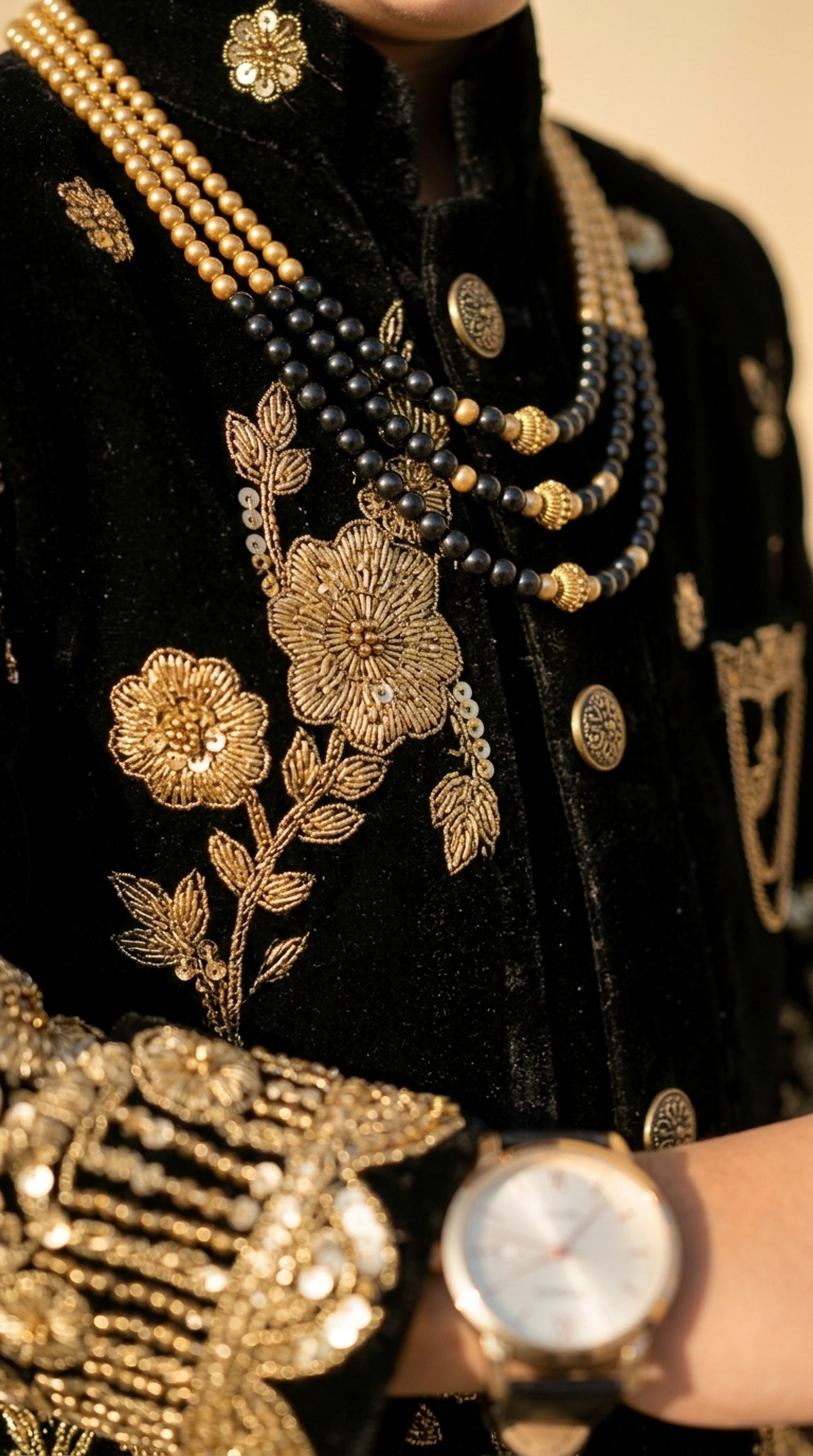 Royal Black & Gold Embroidered Velvet Boys’ Sherwani Set
