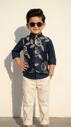 Navy Blue & Gold Floral Embroidered Boys’ Waistcoat Set