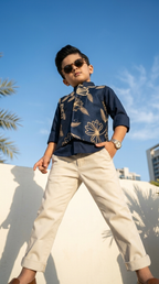 Navy Blue & Gold Floral Embroidered Boys’ Waistcoat Set