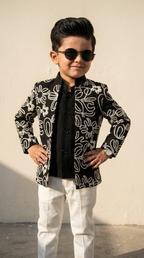 Black & Silver Floral Embroidered Boys’ Designer Jacket Set