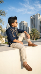 Navy Blue & Gold Floral Embroidered Boys’ Waistcoat Set