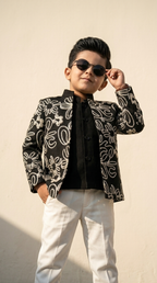 Black & Silver Floral Embroidered Boys’ Designer Jacket Set