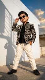 Black & Silver Floral Embroidered Boys’ Designer Jacket Set