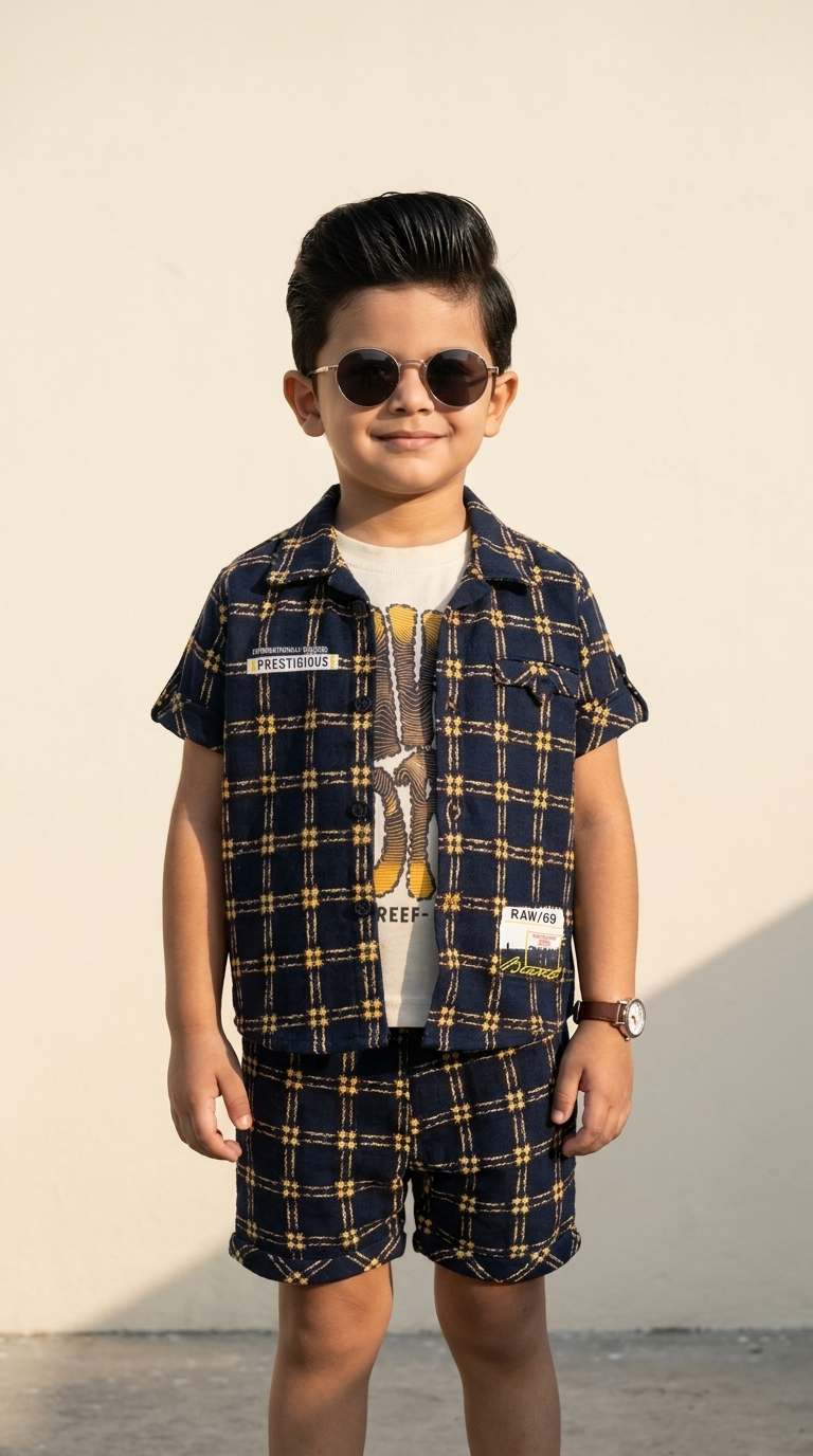 Navy Blue & Gold Checkered Boys’ Casual Shirt & Shorts Set