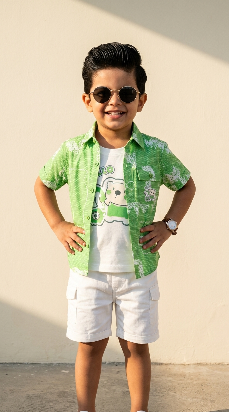 Mint Green Printed Boys’ Shirt & Cargo Shorts Set