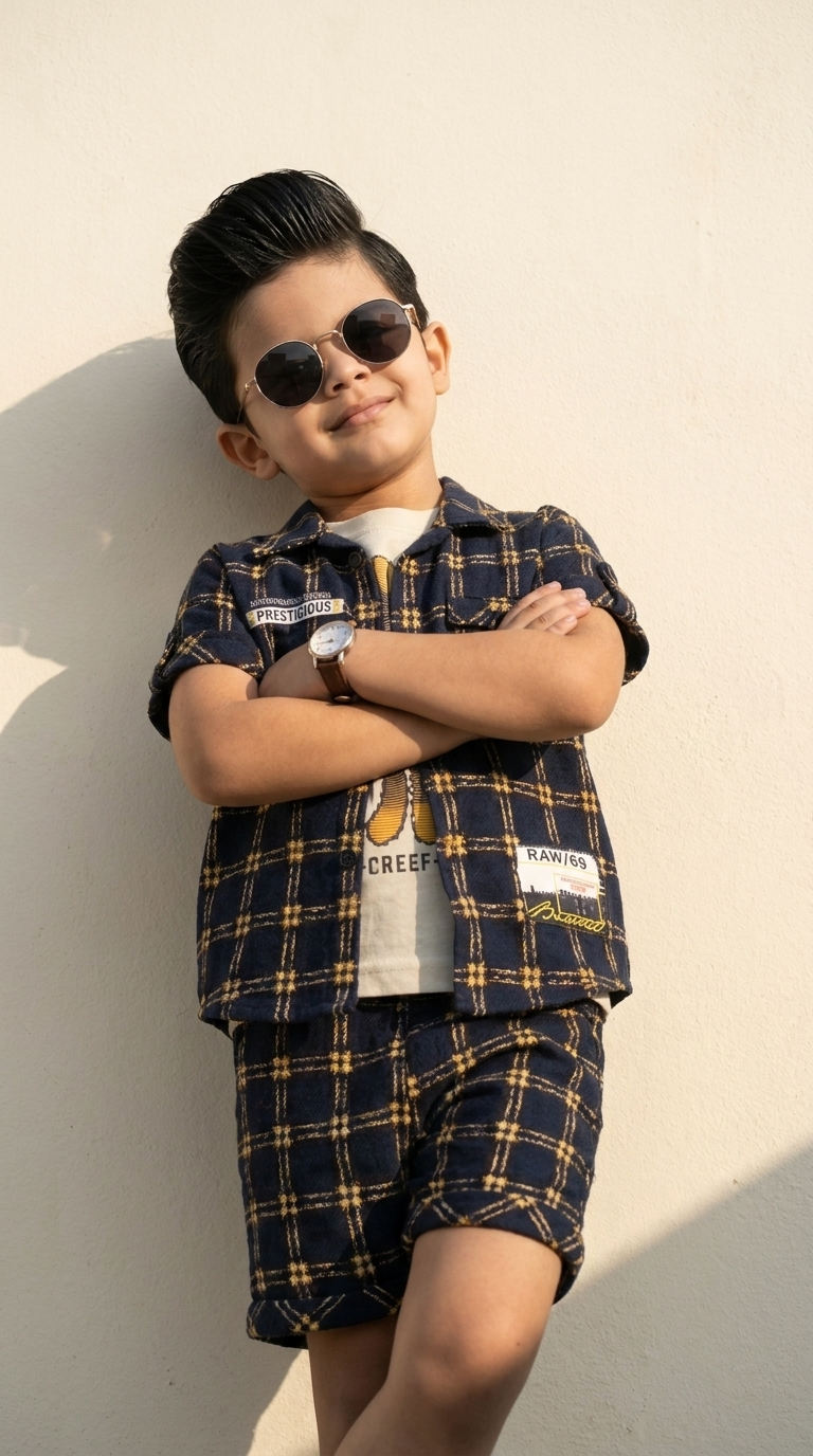 Navy Blue & Gold Checkered Boys’ Casual Shirt & Shorts Set
