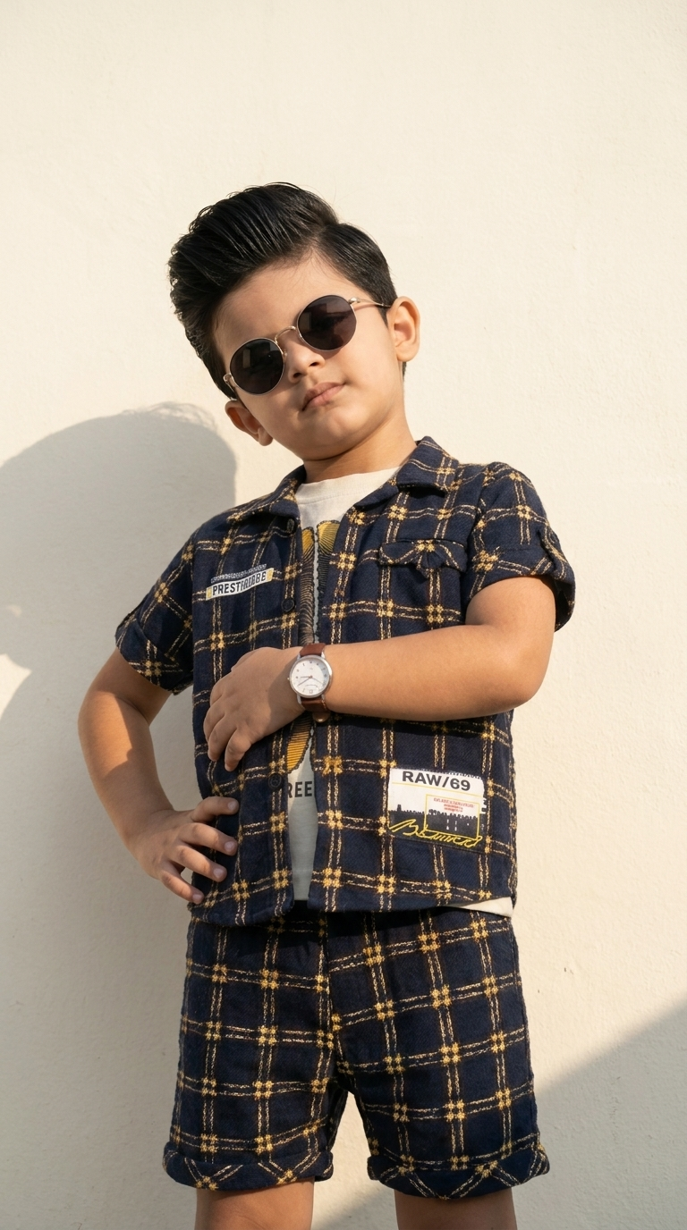 Navy Blue & Gold Checkered Boys’ Casual Shirt & Shorts Set