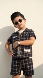 Navy Blue & Gold Checkered Boys’ Casual Shirt & Shorts Set