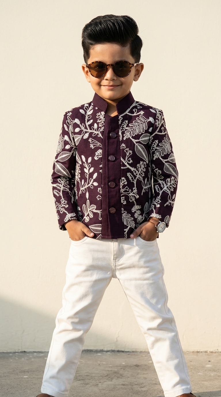 Royal Burgundy & Ivory Floral Embroidered Boys’ Jacket Set