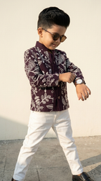 Royal Burgundy & Ivory Floral Embroidered Boys’ Jacket Set