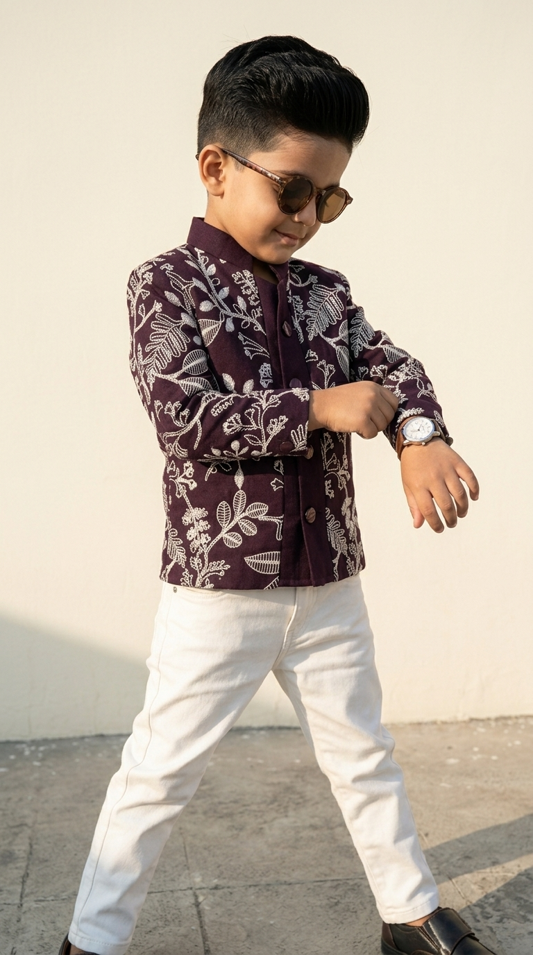 Royal Burgundy & Ivory Floral Embroidered Boys’ Jacket Set