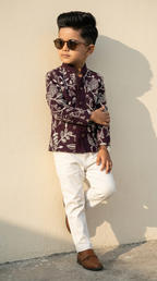 Royal Burgundy & Ivory Floral Embroidered Boys’ Jacket Set