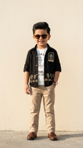 Boys Black Embroidered Shirt & Beige Trouser Set