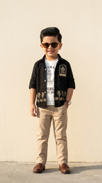 Boys Black Embroidered Shirt & Beige Trouser Set