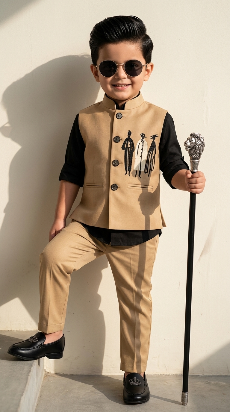 Royal Beige Printed Nehru Jacket Set for Boys