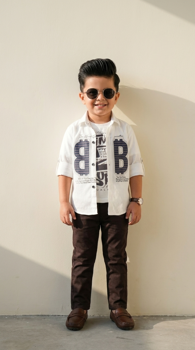 White Graphic Shirt & Black Trousers Boys’ Casual Set