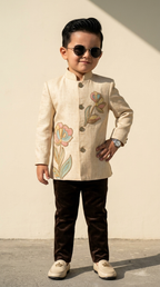 Ivory Floral Handwork Prince Coat Set for Boys
