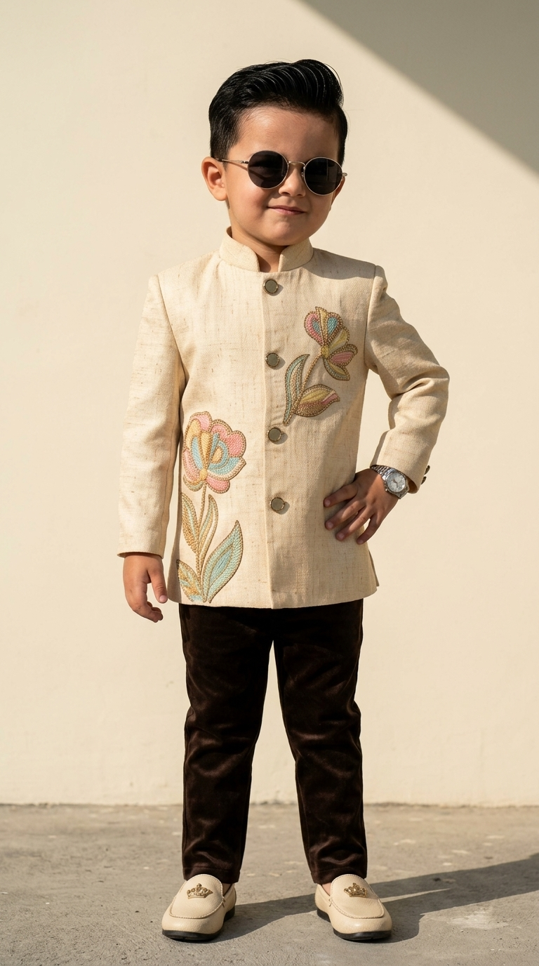 Ivory Floral Handwork Prince Coat Set for Boys