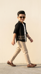 Boys Black Embroidered Shirt & Beige Trouser Set