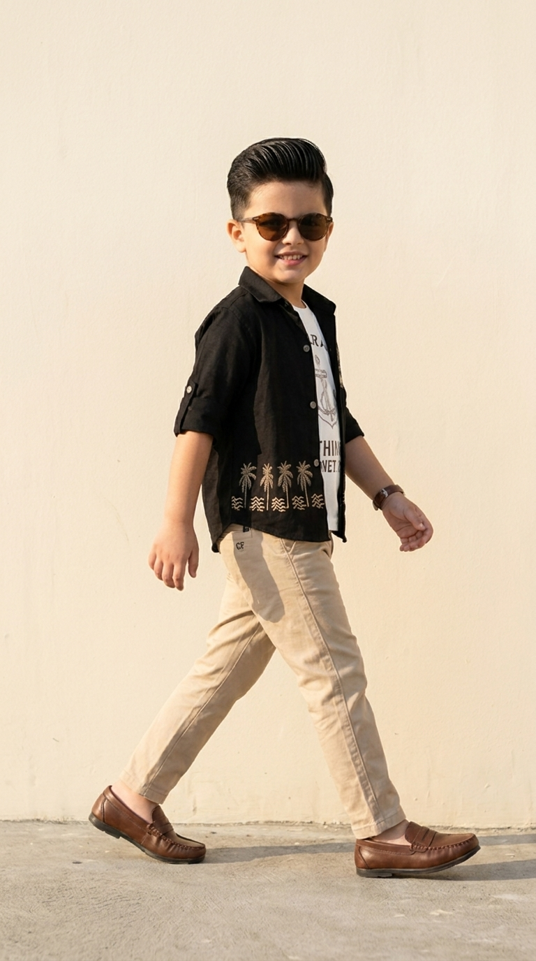 Boys Black Embroidered Shirt & Beige Trouser Set