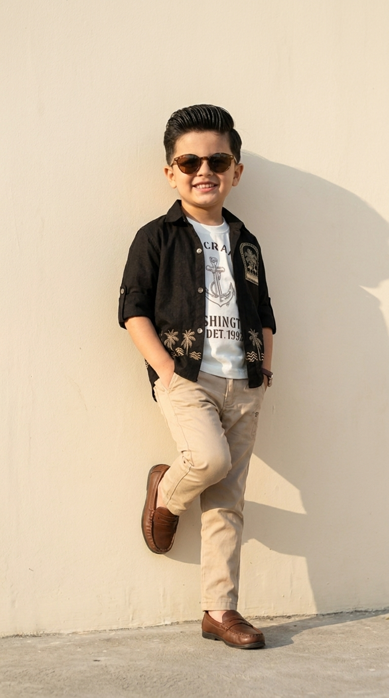 Boys Black Embroidered Shirt & Beige Trouser Set