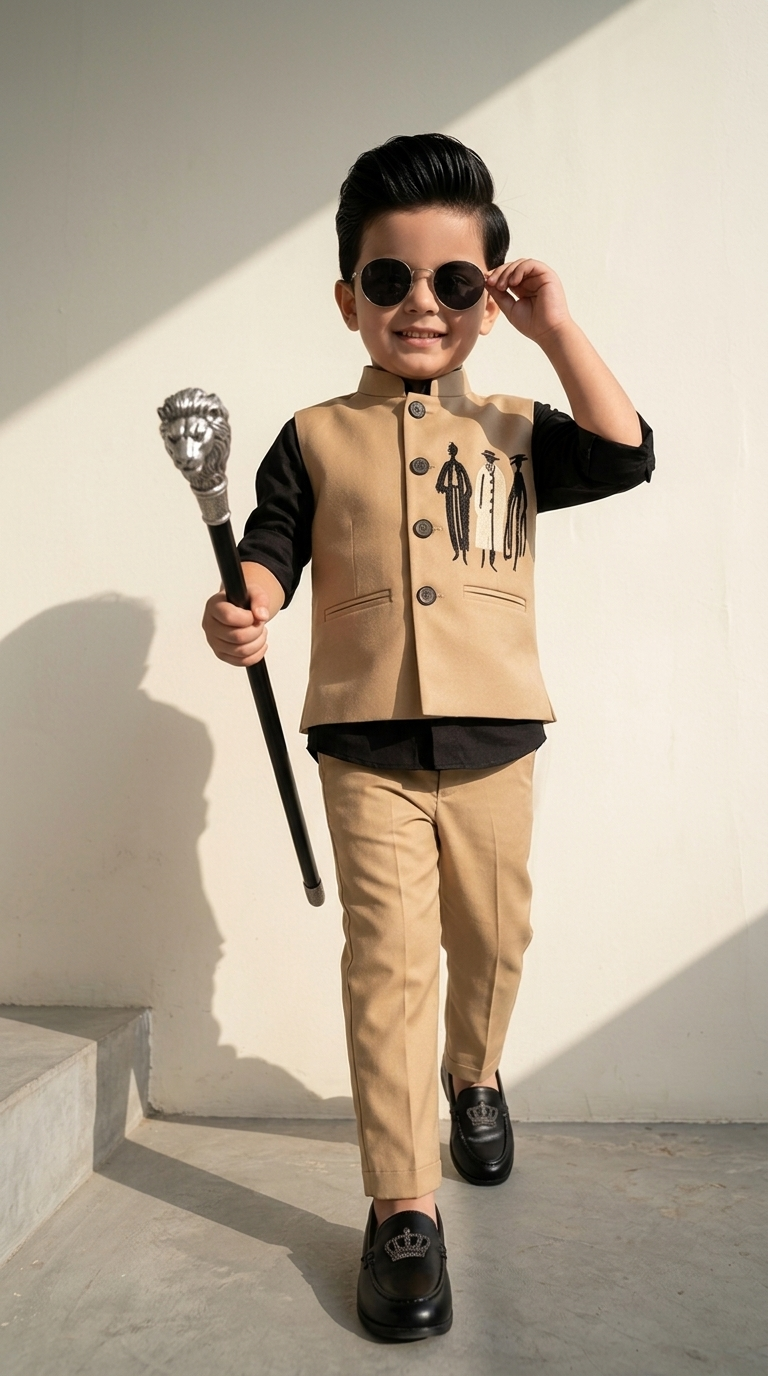 Royal Beige Printed Nehru Jacket Set for Boys