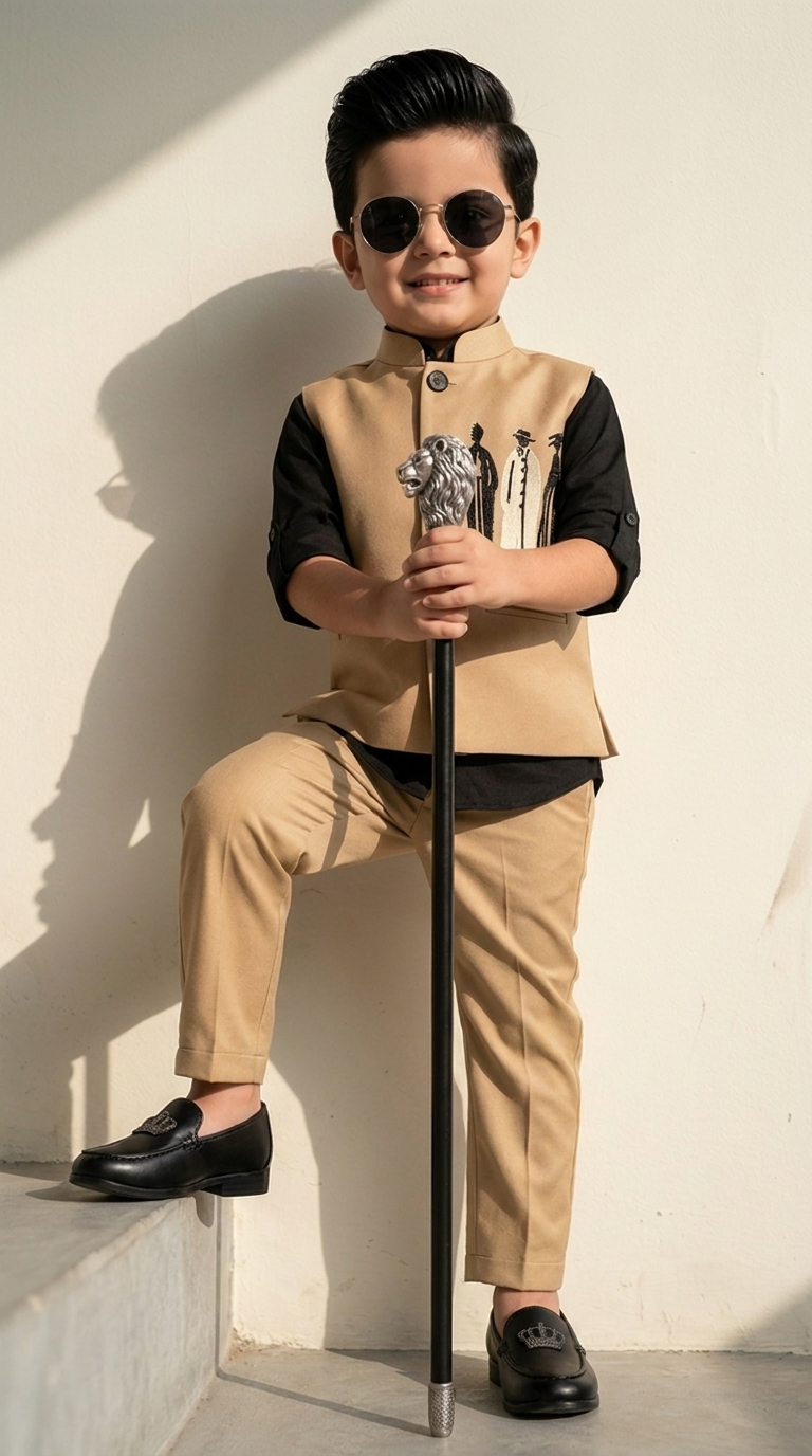 Royal Beige Printed Nehru Jacket Set for Boys